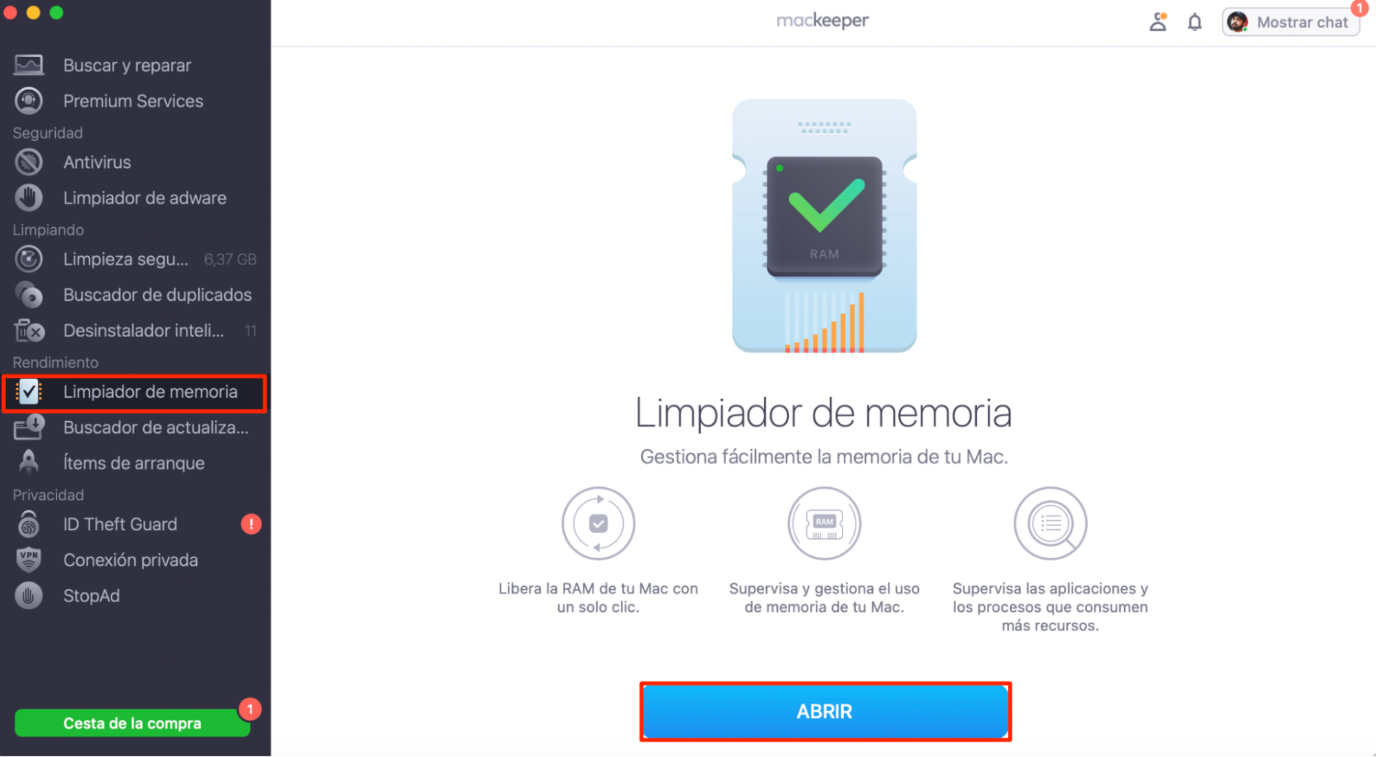Usa MacKeeper para optimizar el espacio de almacenamiento de tu Mac abriendo el Limpiador de Memoria.