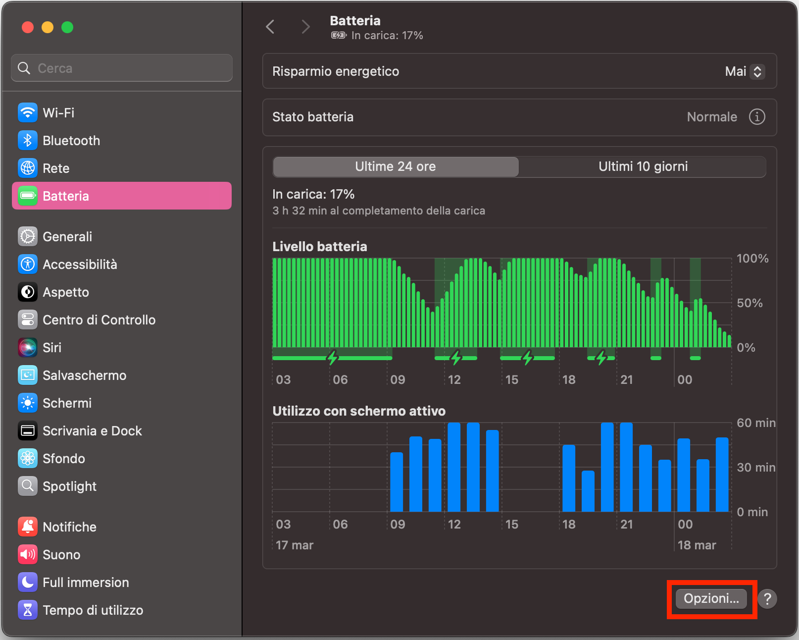 Le impostazioni Batteria aperte da Preferenze di Sistema per ridurre il consumo energetico del Mac.