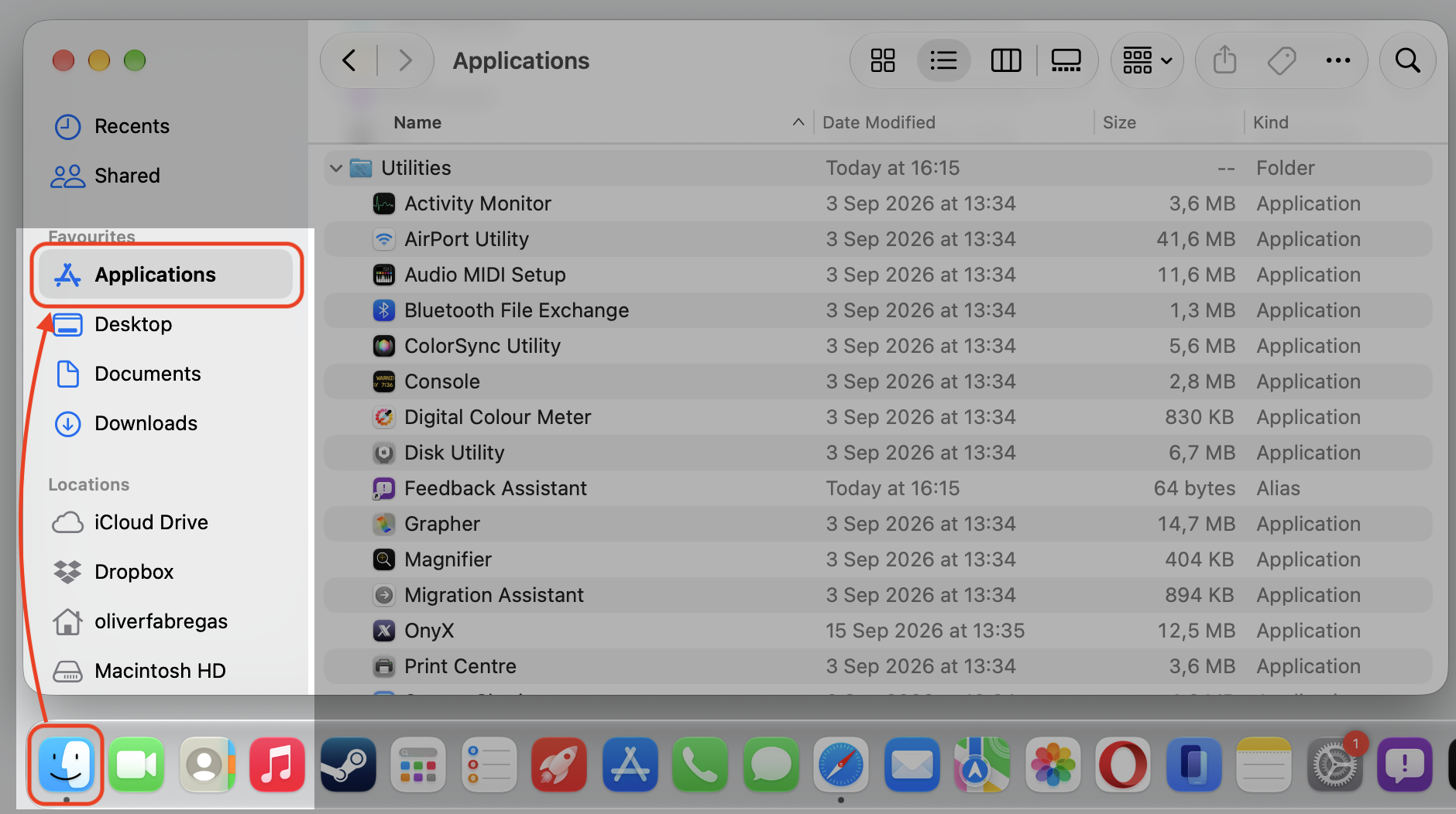 A Finder window on a MacBook with Applications selected in the sidebar and the Utilities folder shown, opened from the Dock icon.