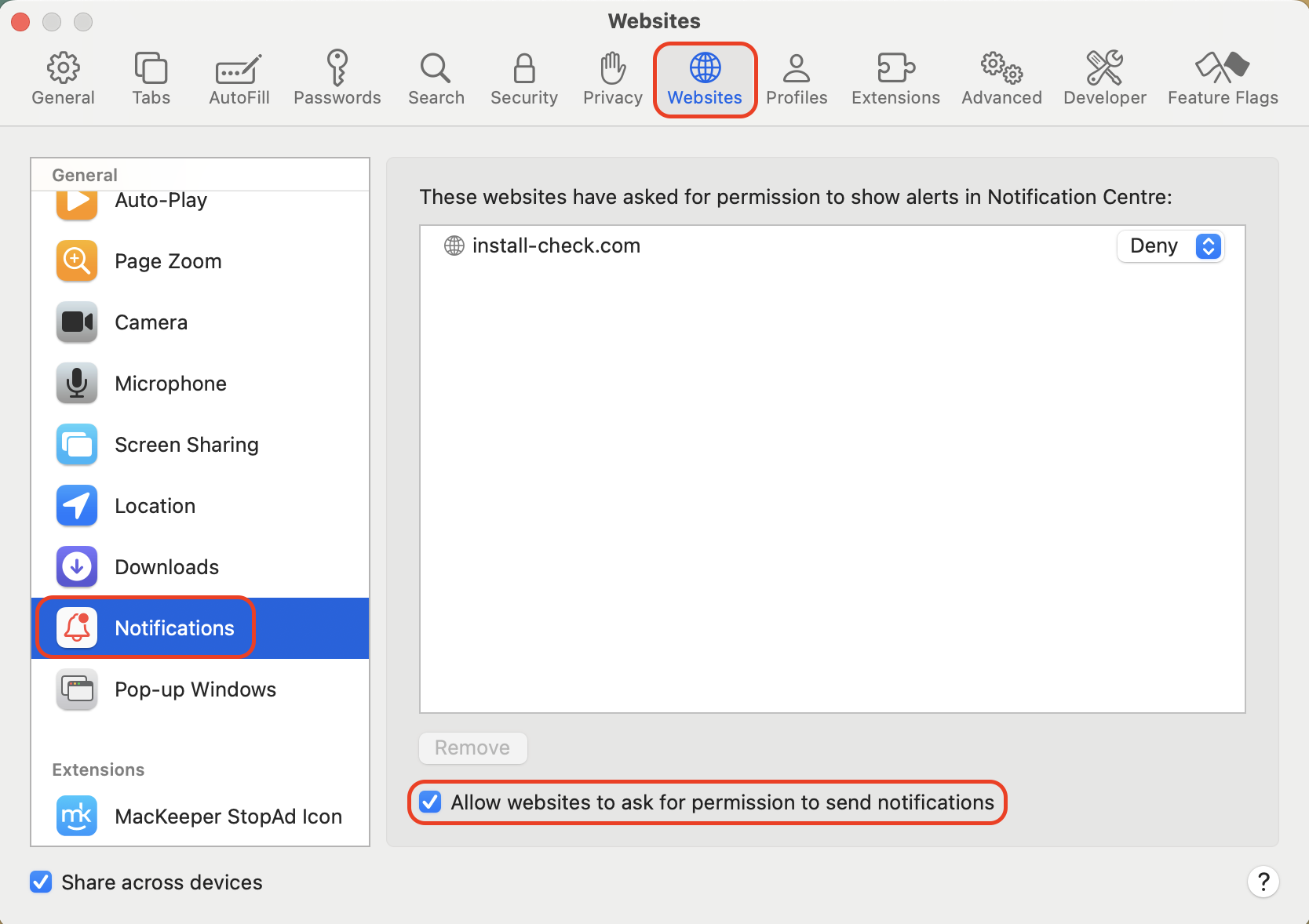 Open Websites → Notifications in Safari Settings and disable Allow websites to ask for permission to send notifications to block spam alerts.
