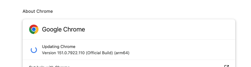 The About Google Chrome tab on macOS checking for and installing available updates that stop Chrome crashing on your MacBook.