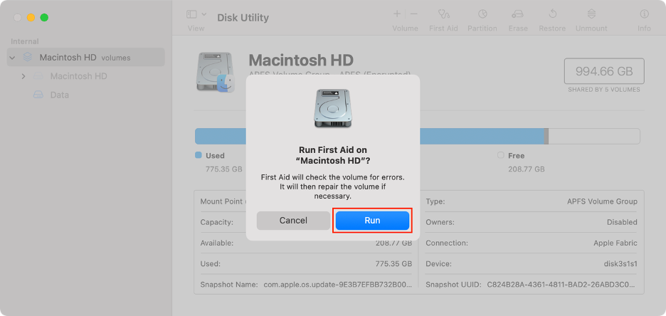 To repair your Mac drive with Disk Utility, choose Run in the pop-up window you see on your screen.