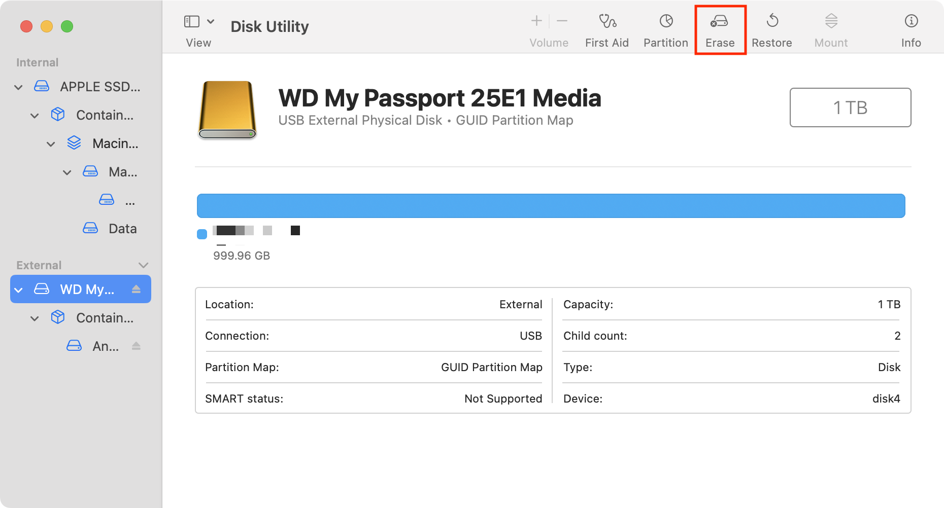 After opening Disk Utility, select your external drive from the list on the left-hand side. Then click the 'Erase' button at the top of the Disk Utility app.