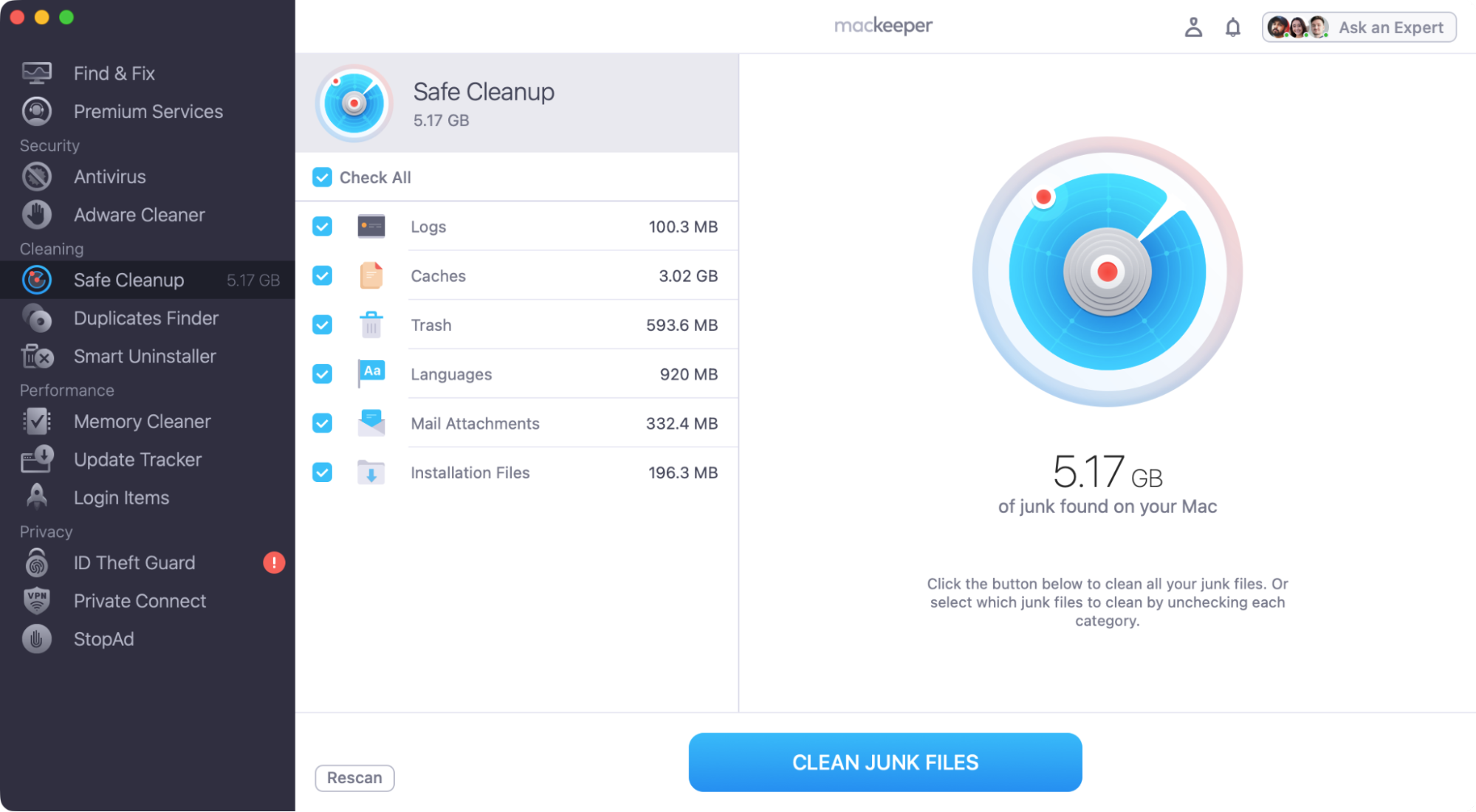 After scanning your Mac with MacKeeper's Safe Cleanup tool, you'll see a list of files that you can safely delete. Simply choose anything you don't need, then click the 'Clean Junk Files' button.