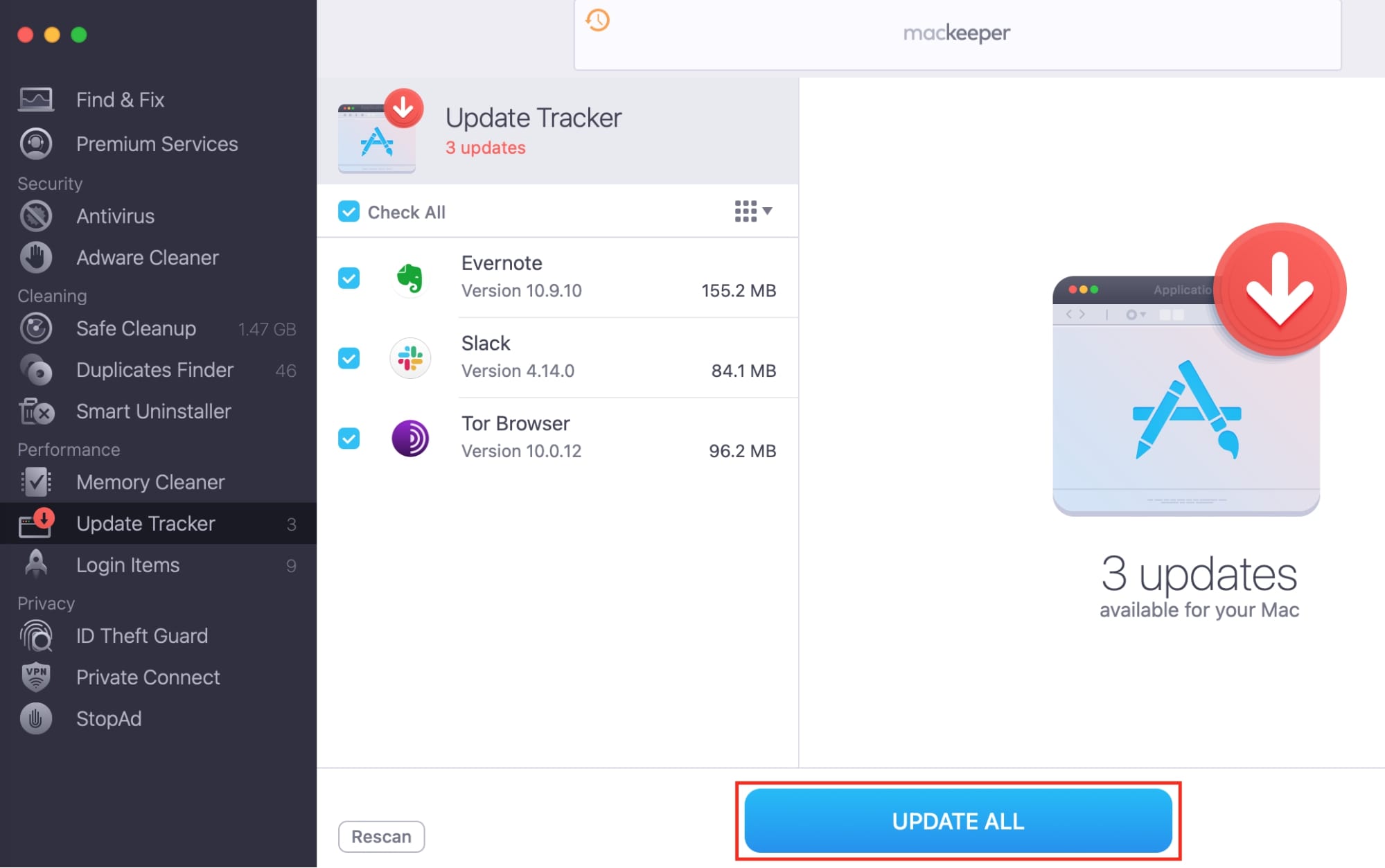 The Update All button is chosen, highlighted with a red box, as the confirmation step to proceed with all the actual updates simultaneously