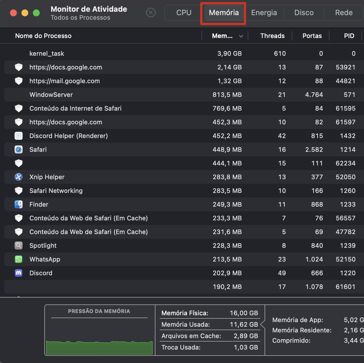 O Monitor de Atividade mostrará se há algum processo em segundo plano usando muita RAM. Esses processos podem deixar o Safari mais lento, então é importante ficar atento a eles.