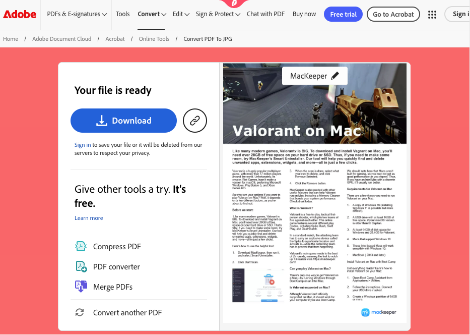 The online tool will convert your PDF. When it's finished, you'll be able to get your JPG file. Simply click the 'Download' button.
