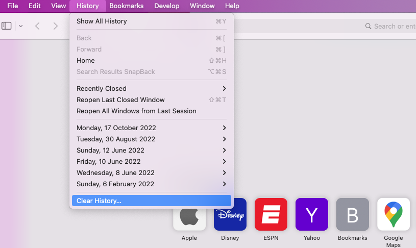 The History menu in Safari on Mac. Click Clear History to remove all history and website data from Safari.