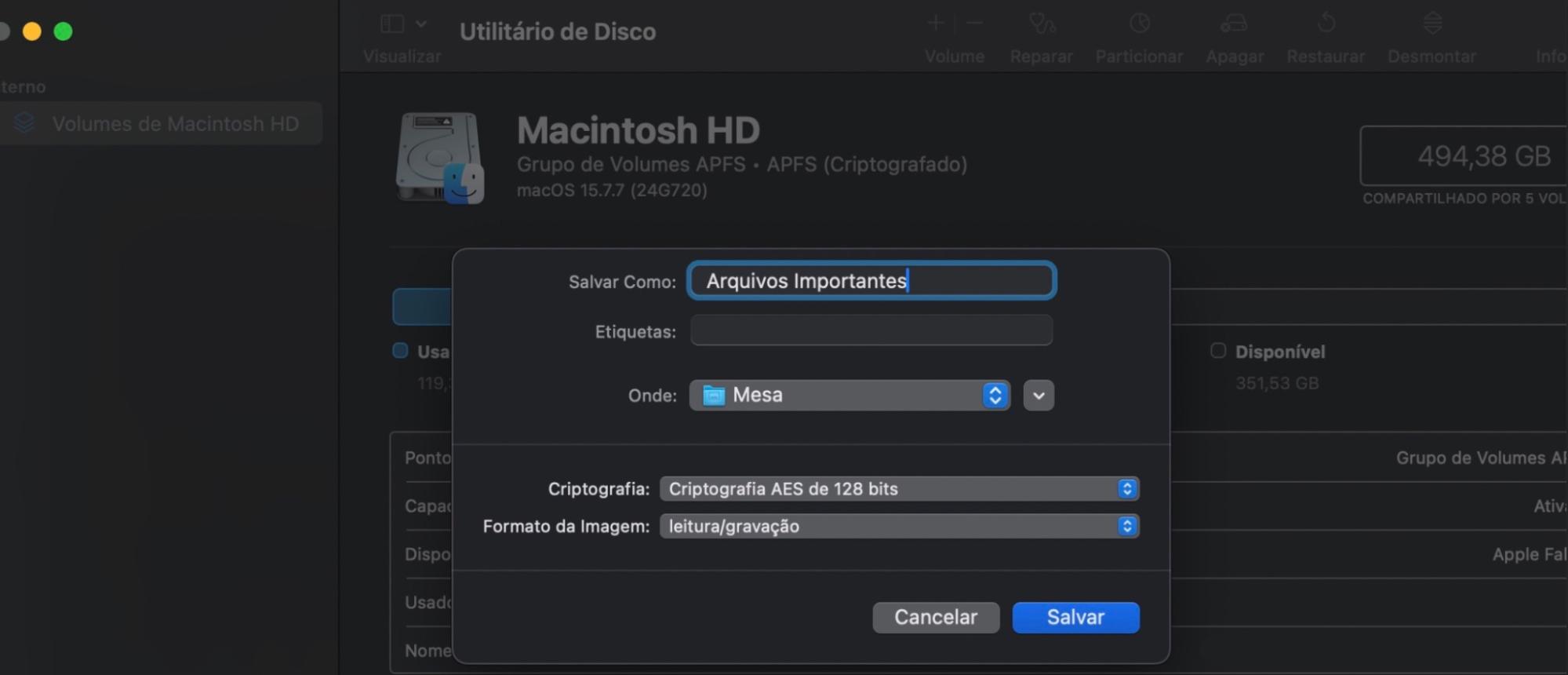 Como configuração final para a pasta criptografada no Utilitário de Disco do macOS, verifique as informações inseridas e clique no botão Salvar.