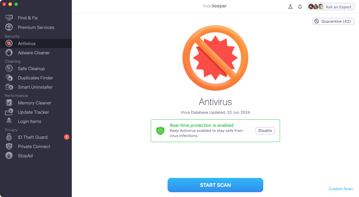 If you want to save time and effort, use MacKeeper's Antivirus to remove malware from your Mac. Select 