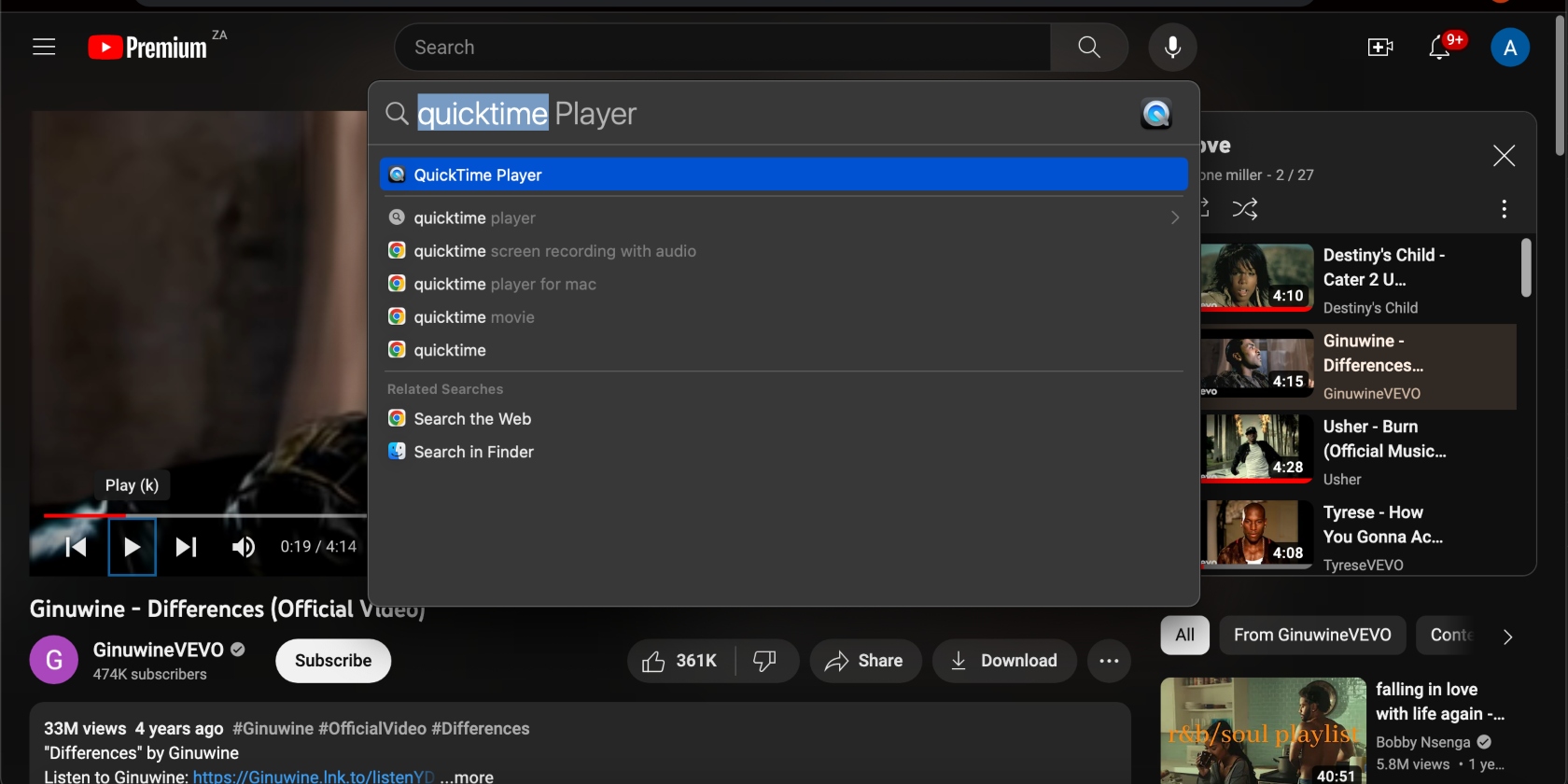 Quicktime Player is selected in Spotlight search to screen-record a YouTube video, which is open in the background.