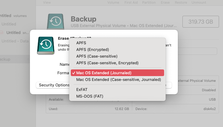 Now, use the dropdown menu to select a disk format that's compatible with macOS. When you're done, click the Erase button. Now, use the dropdown menu to select a disk format that's compatible with macOS. When you're done, click the Erase button.