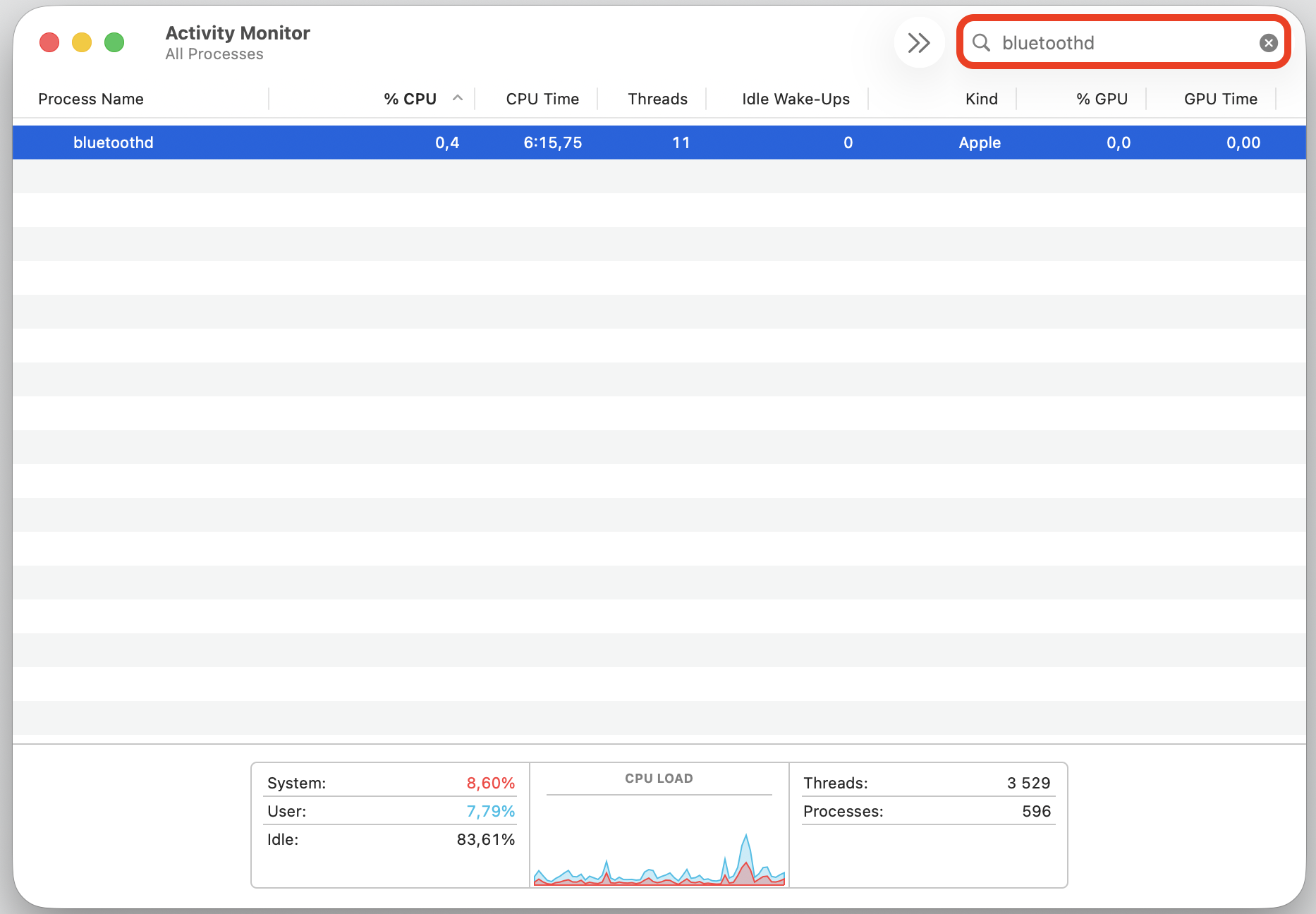 Activity Monitor CPU tab on an Apple laptop with bluetoothd typed in the search field to filter and select the process on macOS.