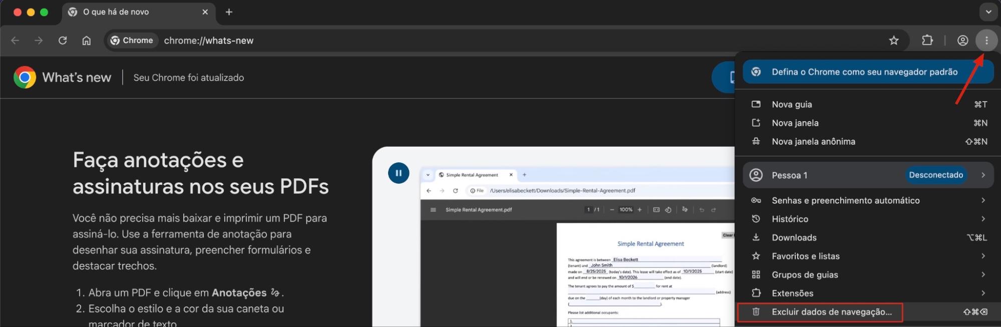 Chrome, com o menu aberto e Excluir Dados de Navegação destacado. Como limpar e redefinir o Chrome, como parte de um guia sobre como parar pop-ups falsos do McAfee no Mac.