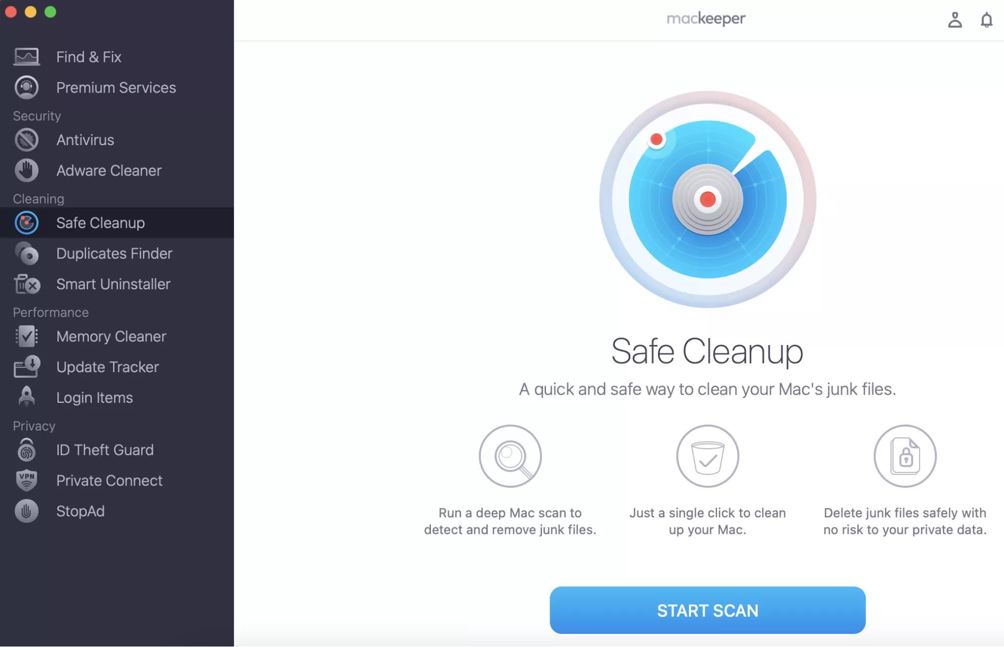 To optimize your Mac's performance, run MacKeeper and select Safe Cleanup followed by Start Scan.