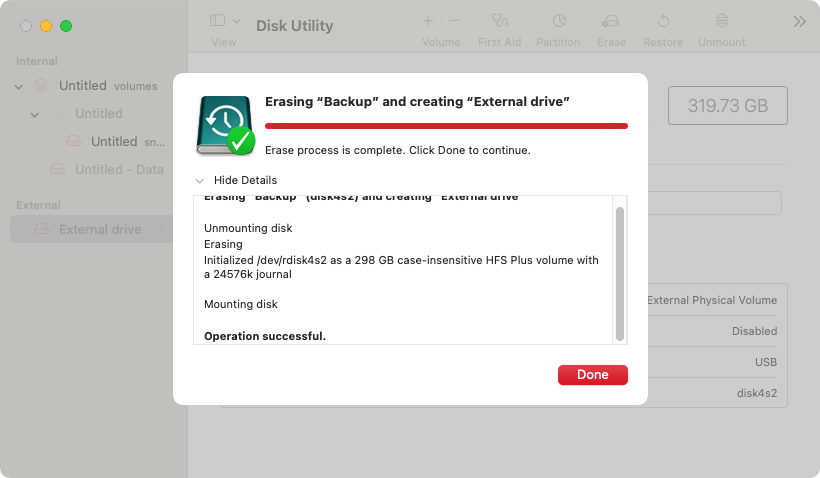 Disk Utility will now format your drive to a Mac-compatible disk format, erasing the data on it in the process. Click 'Done' when it's finished. Disk Utility will now format your drive to a Mac-compatible disk format, erasing the data on it in the process. Click 'Done' when it's finished.