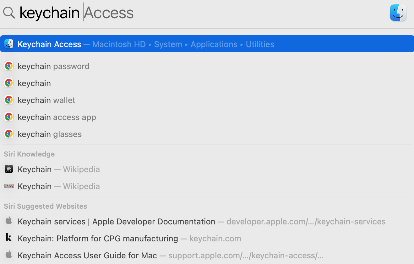 Keychain Access appears as the first result in Mac’s Spotlight search. Select it to start resetting the SSL certificate on your Mac. Keychain Access appears as the first result in Mac’s Spotlight search. Select it to start resetting the SSL certificate on your Mac.