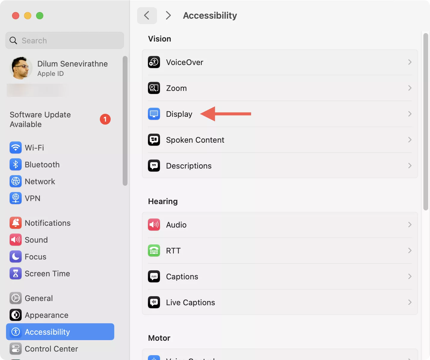 The MacBook Settings app screenshot that demonstrates how to access the Display option in System Settings on a Mac during WindowServer high memory usage troubleshooting.