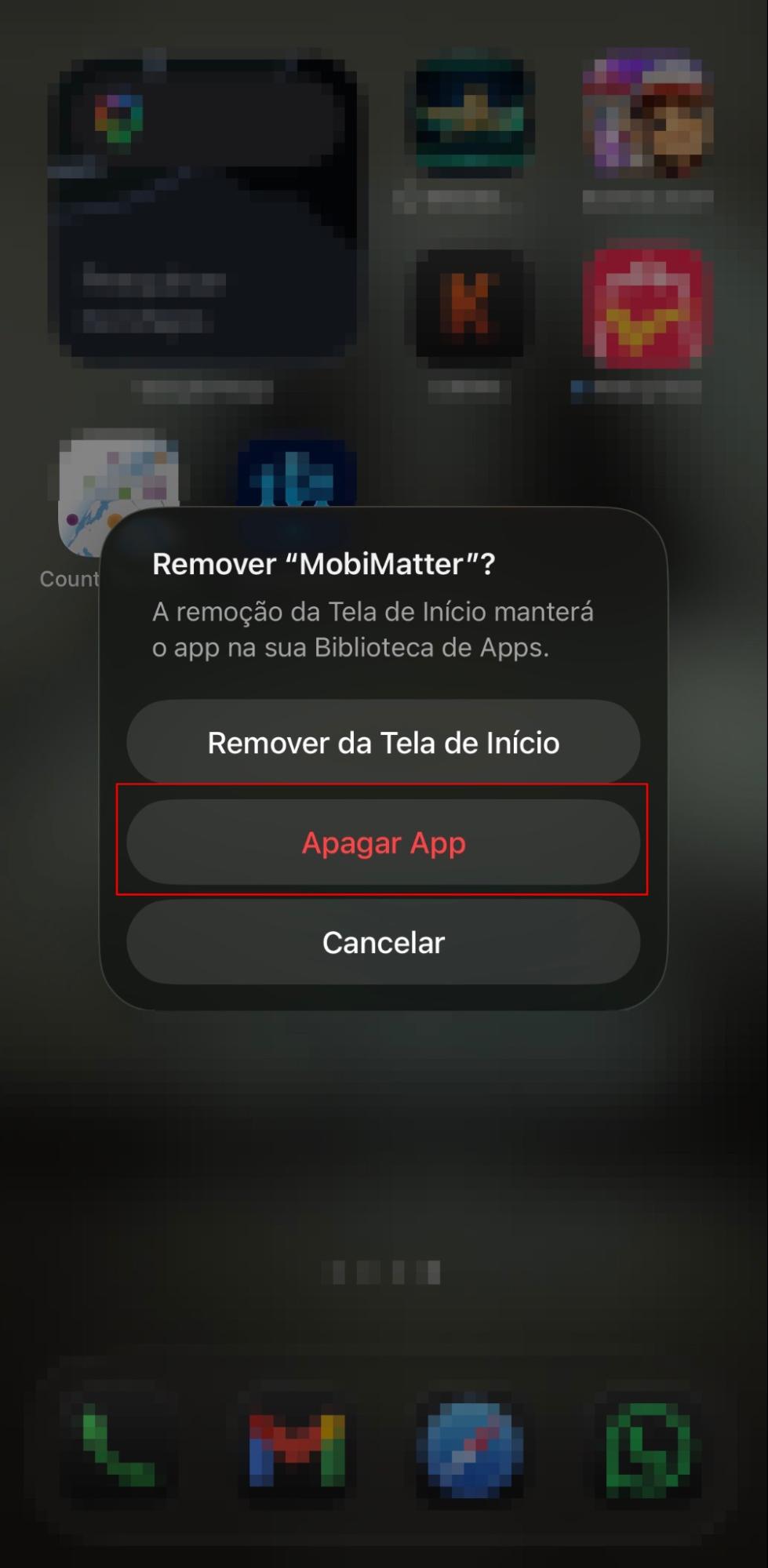 A Biblioteca de Apps no iPhone e iPad mostrando um aplicativo sendo excluído. Toque em Apagar App para confirmar que deseja remover o aplicativo suspeito.