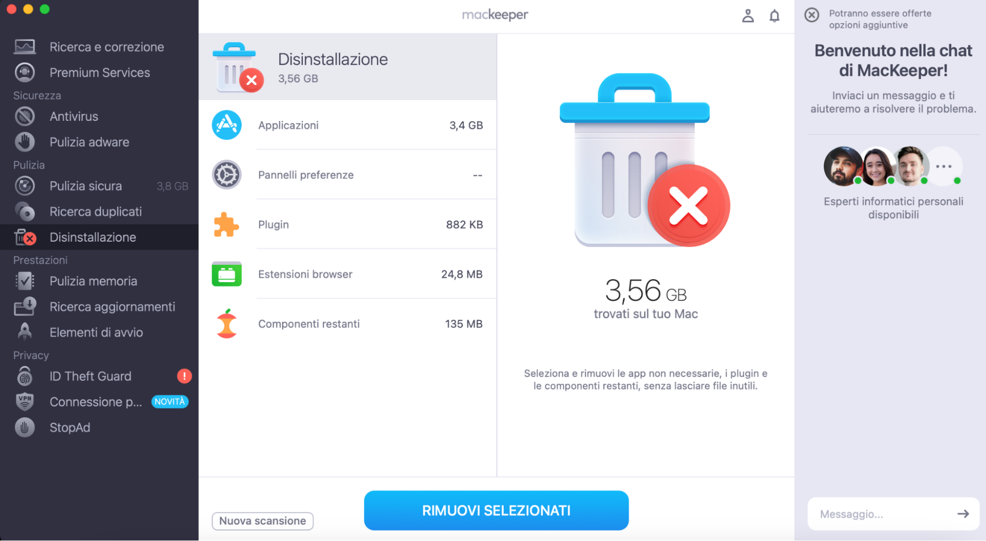 Una volta che MacKeeper avrà scansionato il tuo dispositivo, ti mostrerà tutte le app, i plugin, le estensioni del browser e i file rimanenti che puoi rimuovere in sicurezza dal dispositivo per liberare spazio. Seleziona ciò che desideri rimuovere e poi fai clic su Rimuovi selezionati.
