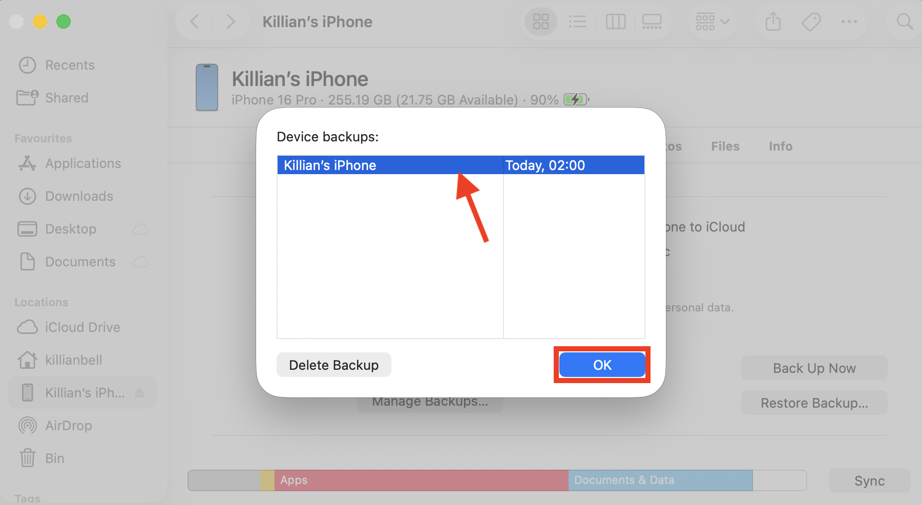 A list of iPhone backups in Finder on Mac. When iOS files are taking up too much space on your Mac, plug in your iOS device then delete any local backups.