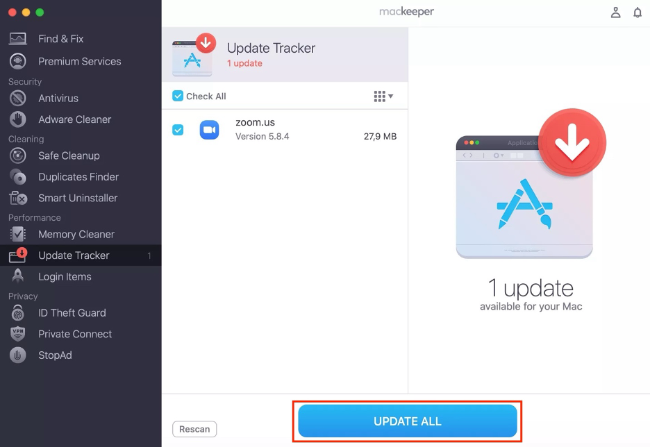 To make sure Pages is up to date on your Mac, select the app in MacKeeper’s Update Tracker, then click Update All.