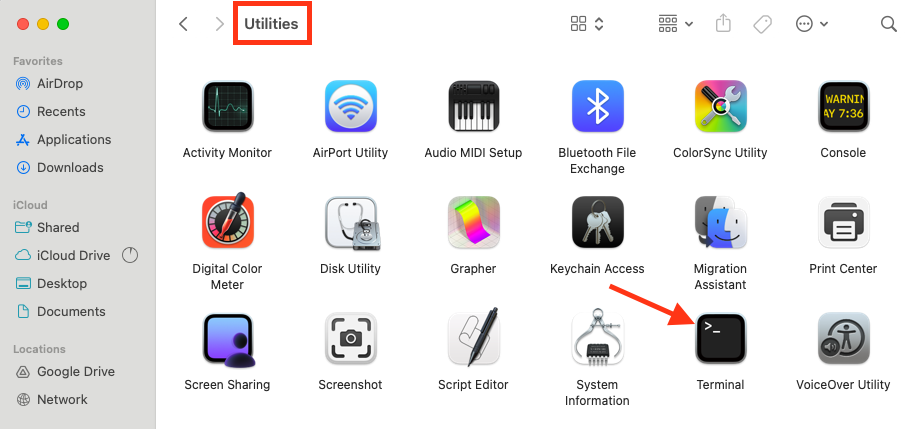 In the Utilities folder, double-click Terminal to open it