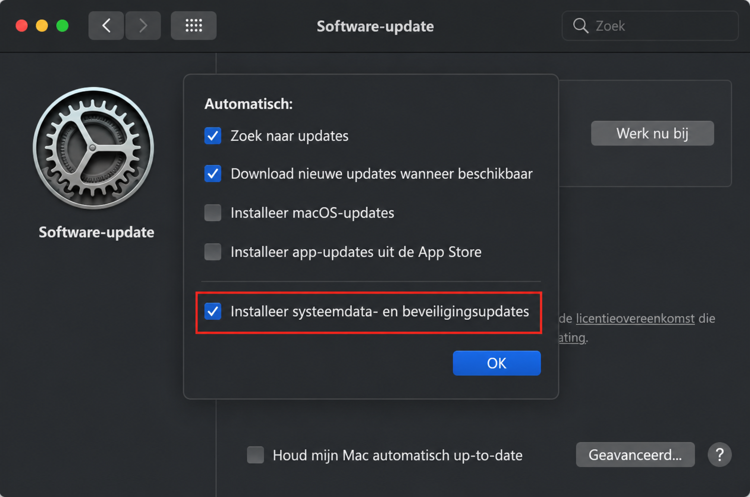In het geopende venster Software-update is de optie 'Installeer systeemgegevensbestanden en beveiligingsupdates' aangevinkt en gemarkeerd met een rood kader.