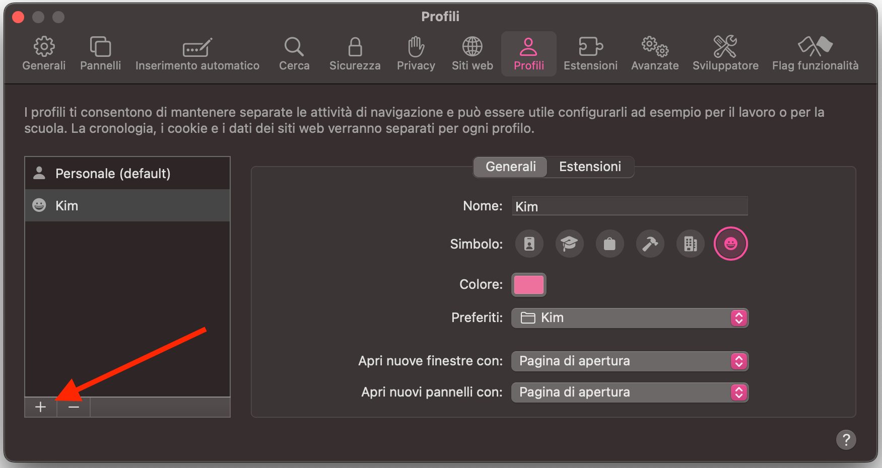 Il menu Profili in Safari su Mac mostra tutti i profili disponibili. Fai clic sul pulsante + per creare un nuovo profilo utente.