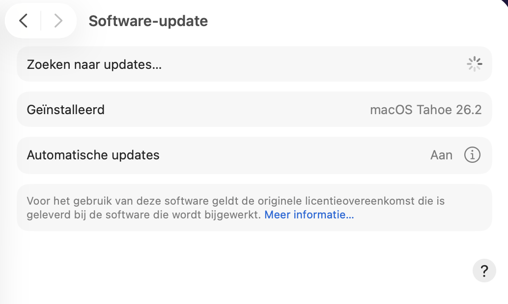 Om een update te installeren, klik je op  Software-update beschikbaar en vervolgens op Werk nu bij. Je kunt hier ook informatie bekijken over wat de update inhoudt.