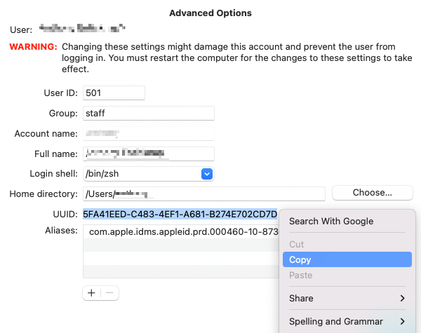 Users & Groups > Advanced Options Users & Groups > Advanced Options