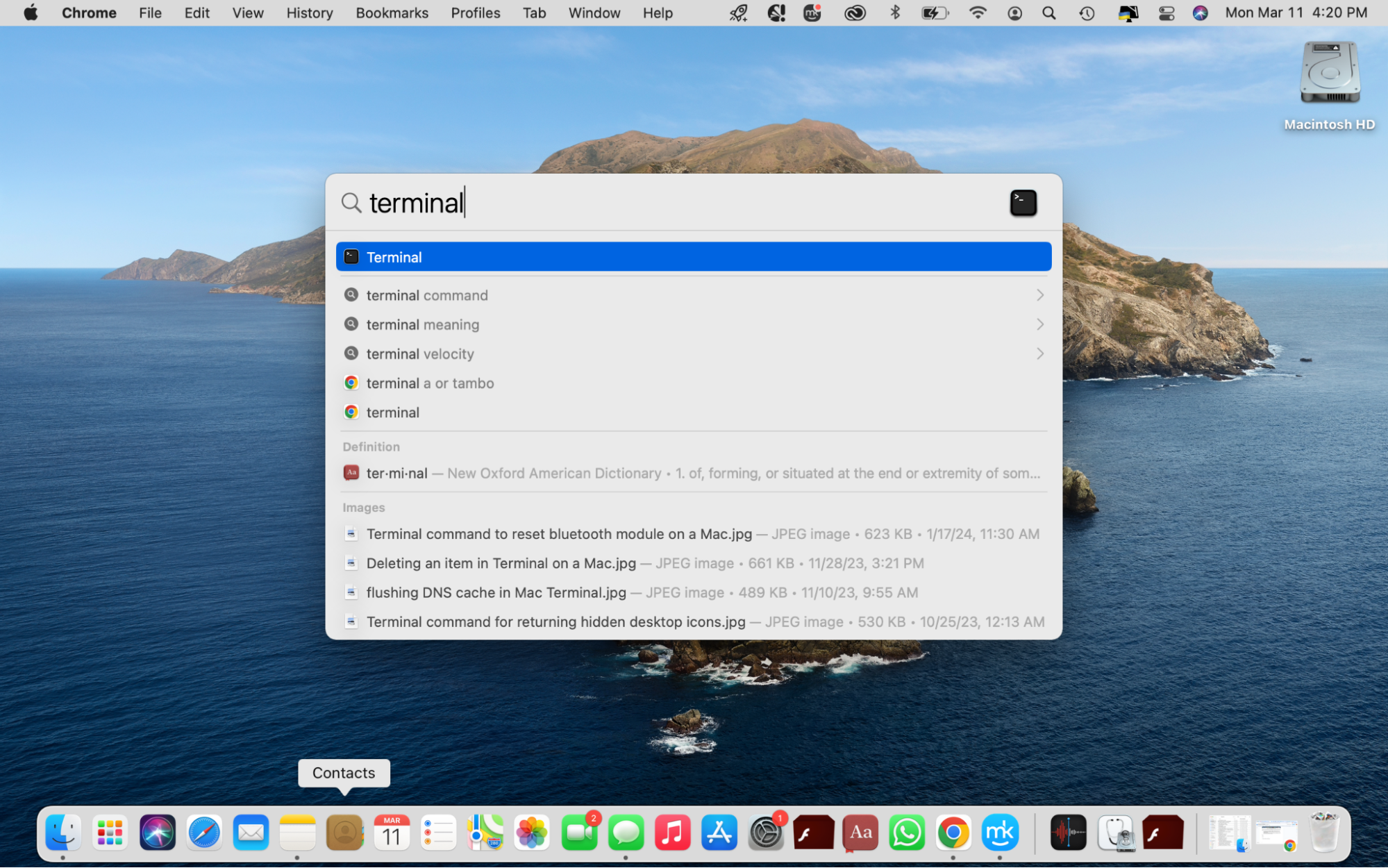 Unhide your Mac's desktop icons using Terminal. To do this, Click on Finder and select Applications > Utilities > Terminal. Alternatively, hit the Command + space bar keys to bring up Spotlight search, type Terminal in the text box, and select it on the list.