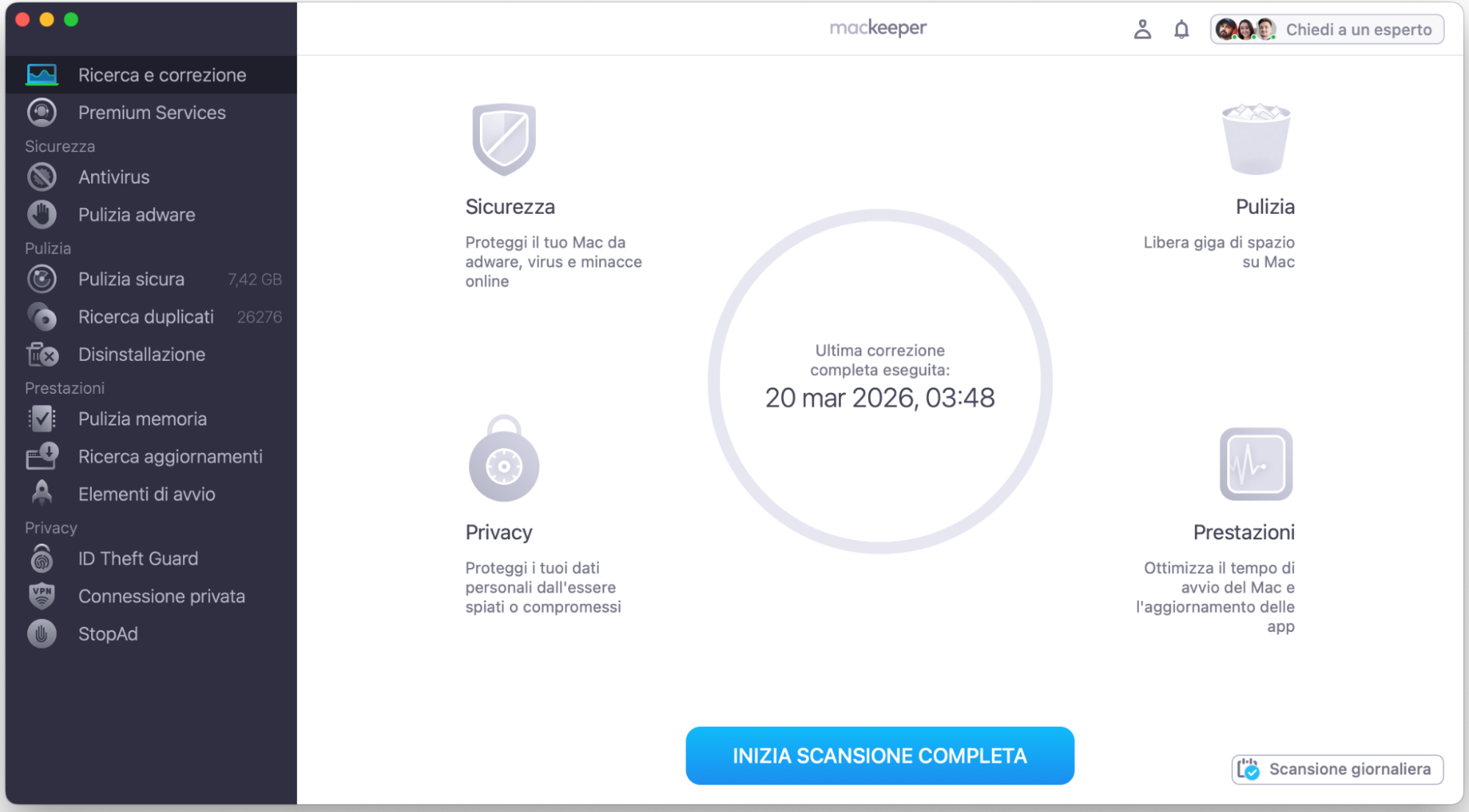L'app MacKeeper mostra lo strumento Ricerca e Correzione selezionato per individuare la causa principale del problema sul tuo Mac.