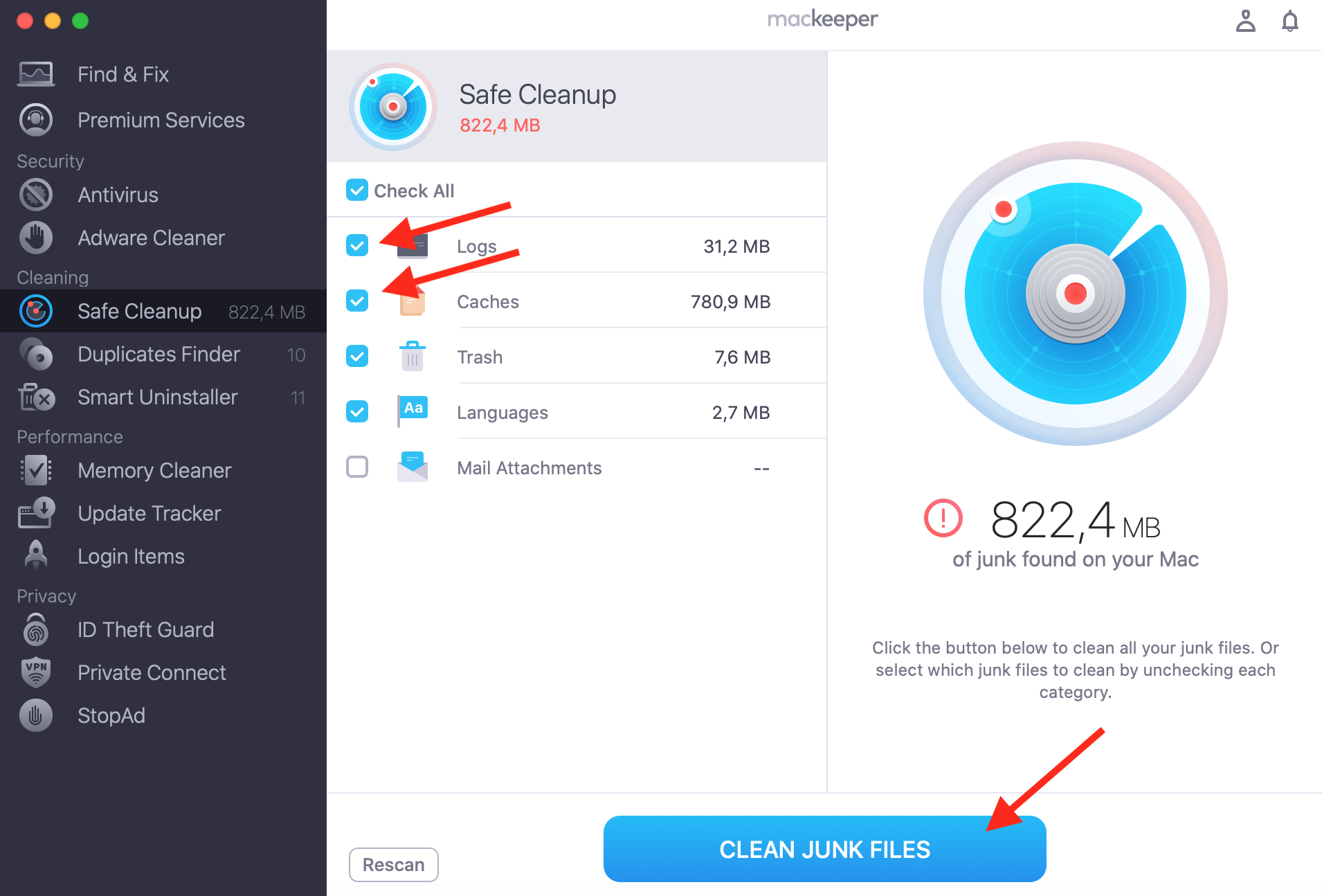 MacKeeper on Mac displaying the Safe Cleanup tool. After selecting Logs and Caches, click Clean Junk Files to remove them from your system.