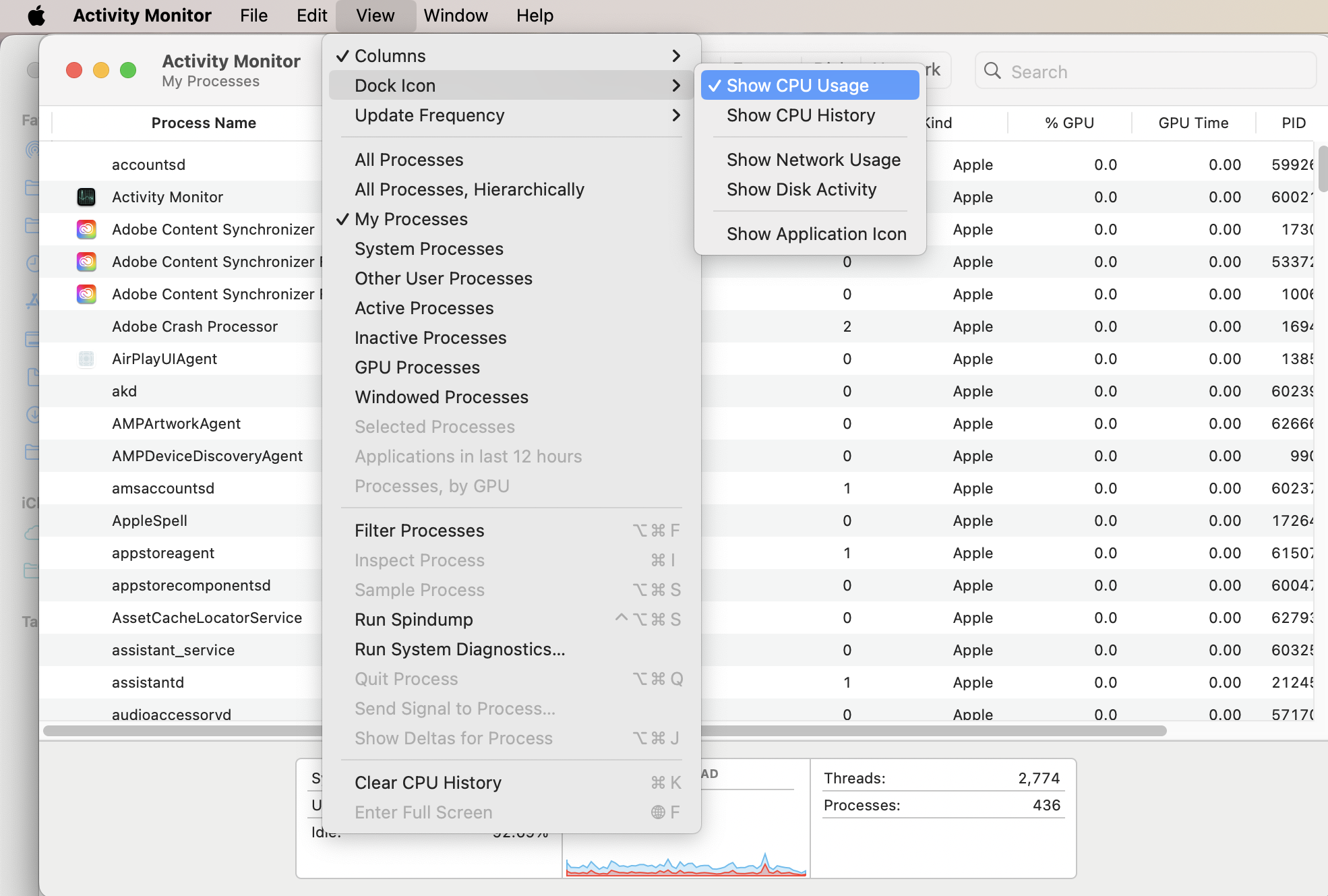 Activity Monitor on a Mac, with the View menu open to Dock Icon > Show CPU Usage. How to see CPU usage on Mac: look at CPU details using Mac Dock.