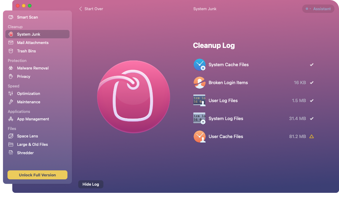 CleanMyMac’s Cleanup Log is opened to show the user the latest cleaning operations done and the space freed up as the result. CleanMyMac’s Cleanup Log is opened to show the user the latest cleaning operations done and the space freed up as the result.