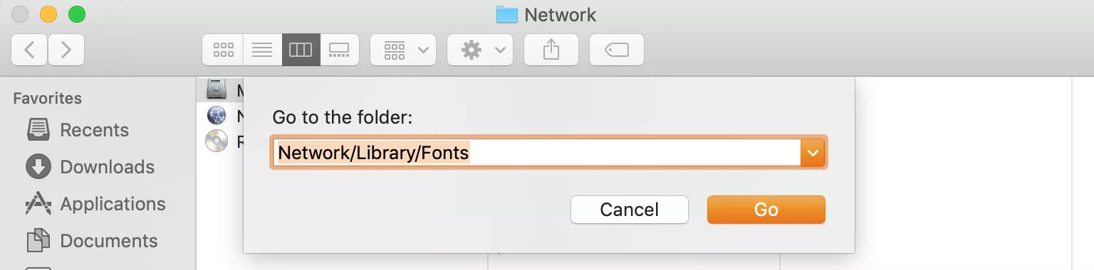 go to fonts folder in network settings in finder