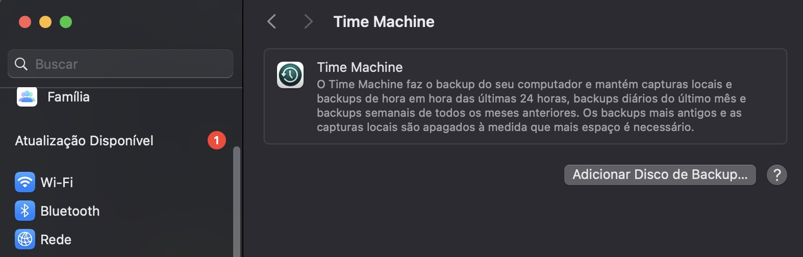 Nos Ajustes do Time Machine, você poderá ver os backups que já configurou. Para iniciar um novo backup, clique em Adicionar Disco de Backup.