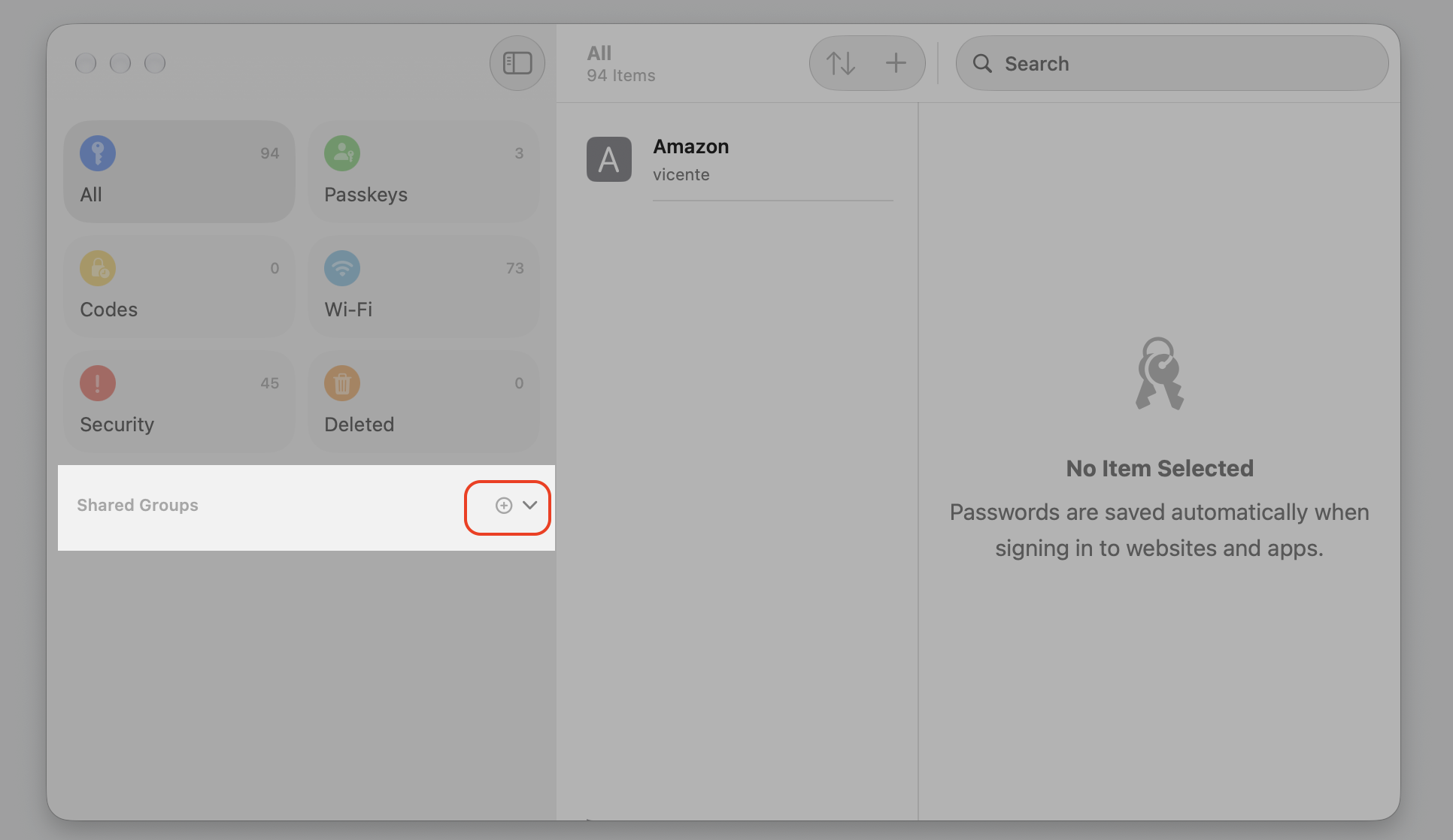 The Passwords app on macOS Sequoia, clicking the plus button in the sidebar to create a new Shared Group for iCloud Keychain logins.