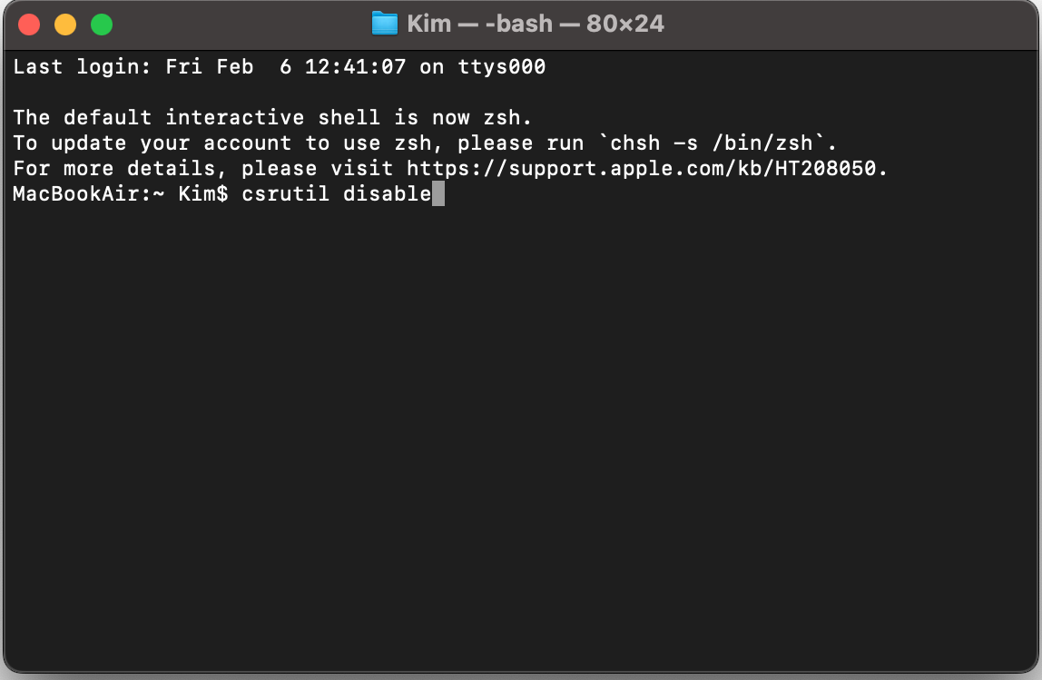 In Terminale digita il comando csrutil disable, e premi Invio.