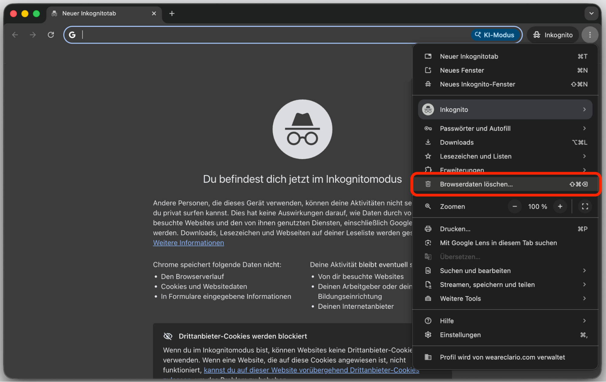 Chrome mit geöffnetem Menü und hervorgehobener Option Browserdaten löschen. So löschen und setzen Sie Chrome zurück, als Teil einer Anleitung, wie man gefälschte McAfee-Pop-ups auf dem Mac blockieren kann.