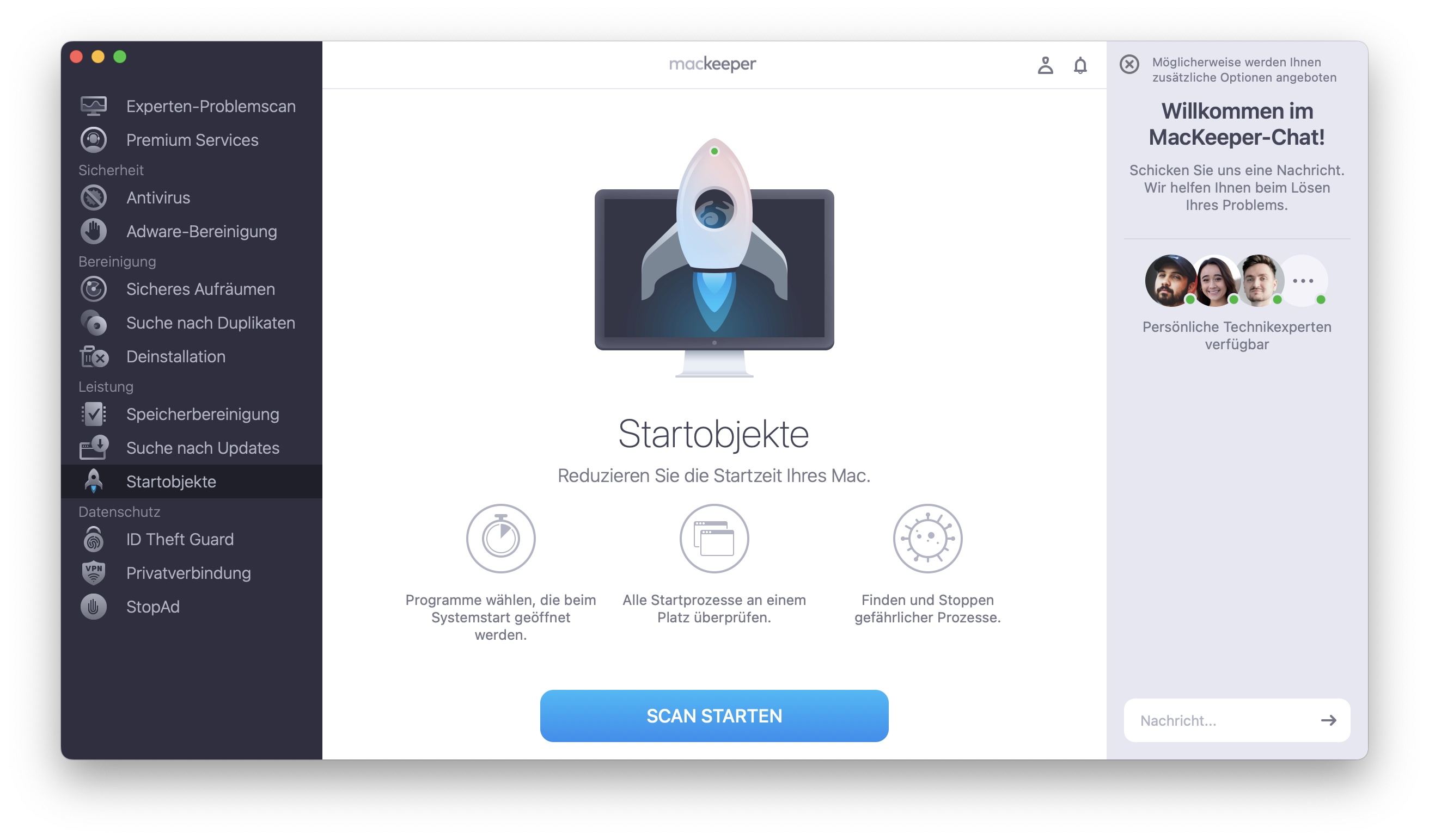 Um die Akkulaufzeit Ihres Macs zu verlängern, deaktivieren Sie nicht benötigte Anmeldeobjekte mit der Funktion Startobjekte von MacKeeper. Starten Sie unsere App, gehen Sie zu Leistung, wählen Sie Startobjekte und klicken Sie auf Scan starten.