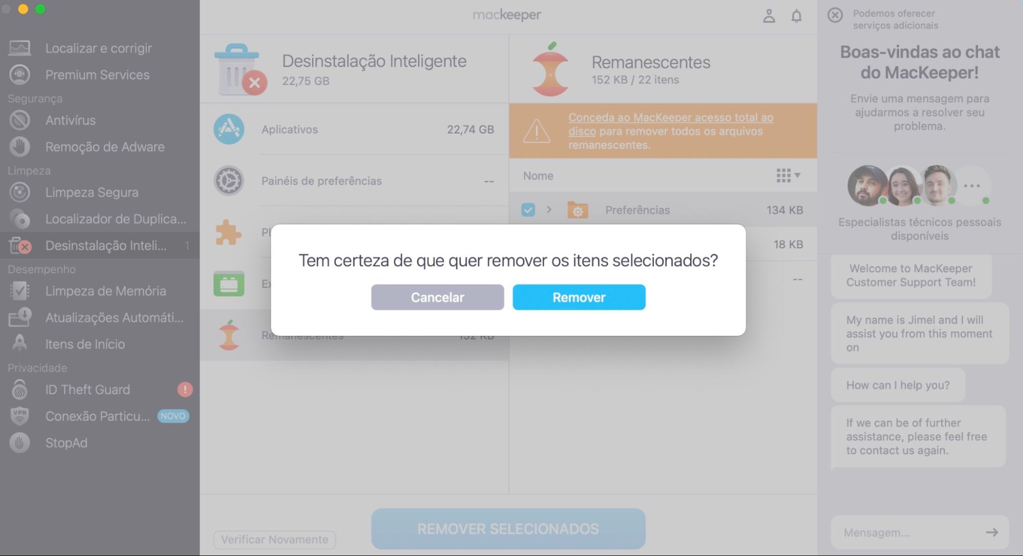 Você precisará confirmar suas ações clicando no botão Remover, pois, depois que o MacKeeper limpar o seu Mac, não será possível recuperar esses arquivos. Portanto, verifique tudo o que selecionou e, somente quando estiver pronto, clique em Remover novamente para confirmar a exclusão.