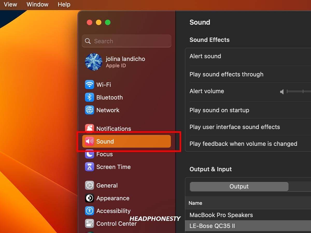 System Settings are open on a Mac device. Click on the Sound category in the sidebar to adjust audio settings on your MacBook.