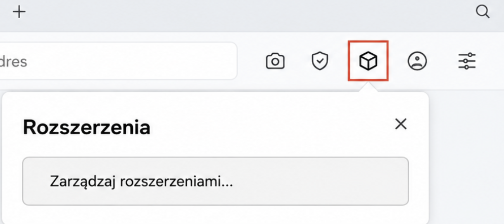 Usuwanie rozszerzeń z Opery nie jest trudne. Kliknij ikonę w kształcie kostki na górze przeglądarki, a następnie wybierz Zarządzaj rozszerzeniami.