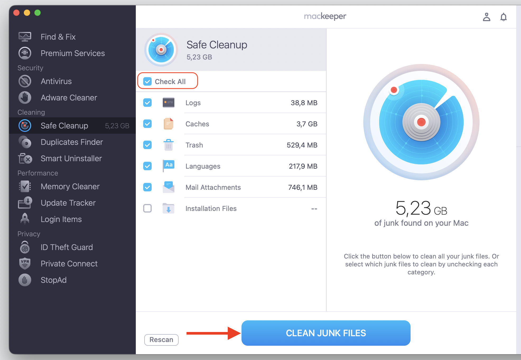 MacKeeper's Safe Cleanup results on macOS with Check All ticked and the Clean Junk Files button ready to remove 5.23 GB from your iMac.