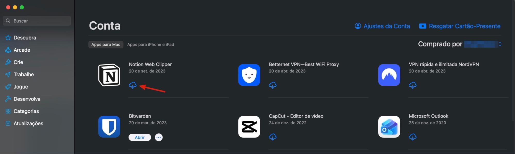 A App Store no Mac mostrando a tela da Conta. Clique no botão de download ao lado de um aplicativo para migrar aplicativos para o seu novo Mac sem usar o Assistente de Migração.