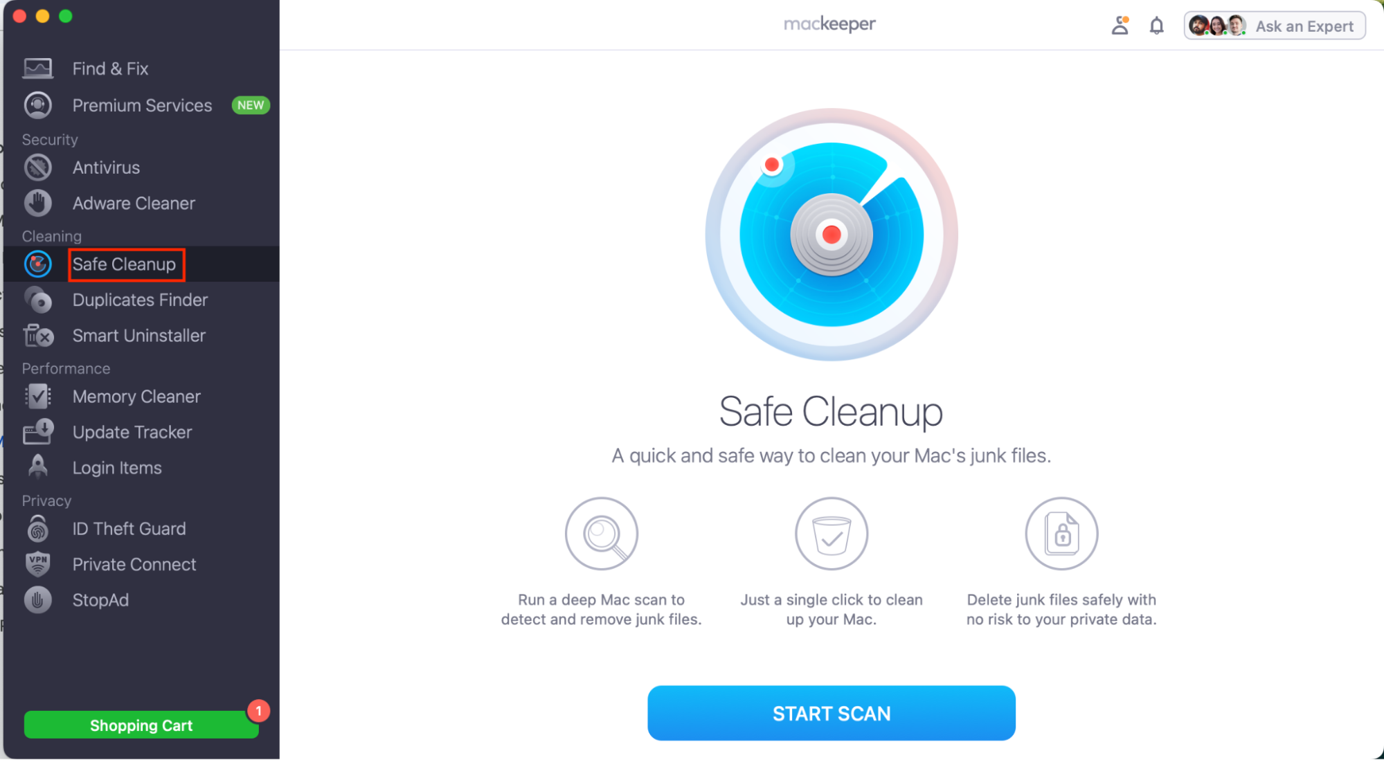 To remove unnecessary files and keep your Mac highly performing, run MacKeeper and select Safe Cleanup, then click Start Scan.