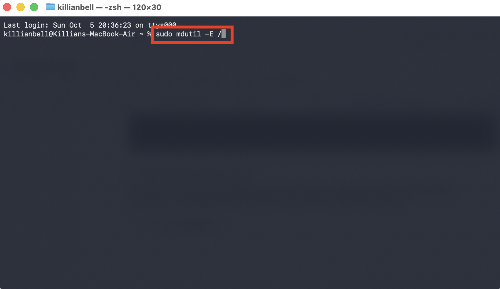 Terminal on Mac showing a command that forces Spotlight to rebuild its index. You can try this to refresh Spotlight when you encounter issues with the suggestd process.