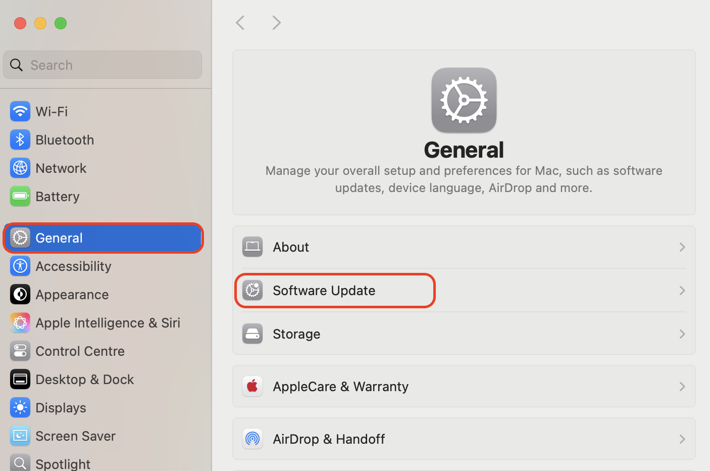 Open System Settings on your Mac, go to General then Software Update, install any available macOS version, and restart your Mac when prompted.